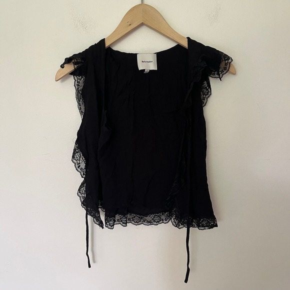 Reformation Tops - Reformation Black Lace Trim Tie Front Cropped Ruffle Blouse Top Mens Size 2